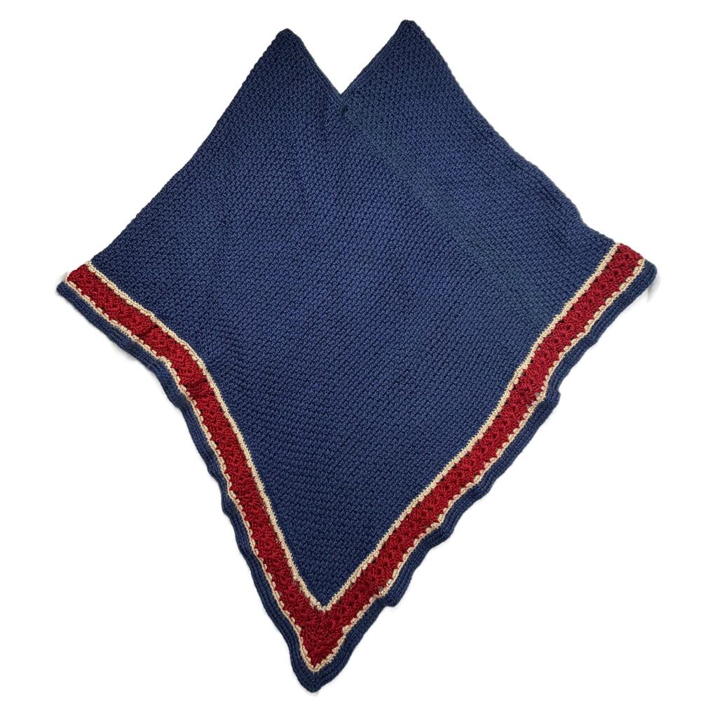 Vintage Hand Crafted Crocheted Poncho Sweater Unisex One Size Navy Stripe - Picture 3 of 7